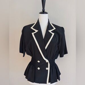 Silk Peplum Blouse Black White Contrast | Vintage Y2K Style | Size 8
